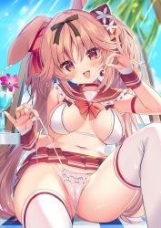 Rule 34 | 1girl, :d, animal ears, arm strap, arm up, armpits, ass, bare shoulders, bikini, bow, bowtie, breasts, brown hair, cameltoe, cherry, choker, day, food, frilled bikini, frills, fruit, hair ribbon, head tilt, highres, holding, knee up, long hair, looking at viewer, lying, medium breasts, microskirt, natsuki marina, navel, on back, open mouth, original, outdoors, pleated skirt, rabbit ears, reclining, red choker, red eyes, red skirt, ribbon, sailor bikini, sailor collar, side-tie bikini bottom, skirt, smile, solo, stomach, strap lift, string bikini, sunlight, swimsuit, thighhighs, thighs, tropical drink, twintails, untied bikini, very long hair, white bikini, white thighhighs, wrist cuffs