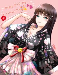Rule 34 | 1girl, 2018, :d, alternate hairstyle, aqua eyes, artist name, bell, birthday, black hair, black kimono, blunt bangs, blush, breasts, cherry blossom print, cleavage, collarbone, commentary, dated, dress, english commentary, english text, floral print, green eyes, hair ornament, hairclip, hairpin, happy birthday, happy new year, heart, highres, japanese clothes, kimono, kurosawa dia, large breasts, long hair, long sleeves, looking at viewer, love live!, love live! sunshine!!, medium breasts, mixed-language commentary, mole, mole under mouth, new year, obi, open mouth, pink background, playing with own hair, print dress, print kimono, print skirt, rikofinn, rose print, sash, signature, skirt, smile, solo, upper body, wide sleeves, yukata