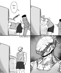 Rule 34 | 1boy, 1girl, absurdres, bent over, comic, english text, food, food on face, glasses, greyscale, highres, jacket, jane (nesz), monochrome, nesz r, original, pie, toned, toned male
