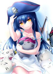 Rule 34 | 1girl, :&lt;, :3, adjusting clothes, adjusting headwear, arm up, bandana, bare arms, black hair, black hat, cat, closed mouth, collarbone, commentary request, dress, eyelashes, eyepatch, eyes visible through hair, flag, glasses, hair between eyes, hat, head tilt, hugging object, kushima kamome, long hair, looking at viewer, off shoulder, pirate hat, red bandana, shiny skin, sidelocks, simple background, sitting, skull and crossbones, smile, solo, straight-on, straight hair, stuffed animal, stuffed toy, summer pockets, sundress, very long hair, white background, yellow eyes, zen (kamuro)