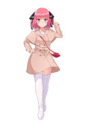 Rule 34 | 1girl, absurdres, alternate costume, arm up, bag, beige coat, belt, black ribbon, blue eyes, blunt bangs, blush, boots, butterfly hair ornament, capelet, closed mouth, coat, go-toubun no hanayome, hair ornament, hand on own hip, handbag, highres, looking at viewer, multicolored nails, nail polish, nakano nino, pink hair, raised eyebrows, ribbon, shosann1612, simple background, solo, thick thighs, thigh boots, thighhighs, thighs, twintails, white background, white footwear, white thighhighs, zettai ryouiki