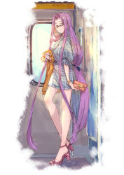 Rule 34 | 1girl, bag, blue dress, coat, commentary request, contrapposto, dress, earrings, fate/stay night, fate (series), from side, full body, glasses, glint, handbag, holding, jewelry, kinoko (shikimylove), long hair, looking at viewer, low-tied long hair, medusa (fate), medusa (rider) (fate), parted lips, puffy short sleeves, puffy sleeves, purple eyes, purple hair, sash, semi-rimless eyewear, short dress, short sleeves, solo, standing, train, train interior, under-rim eyewear, very long hair