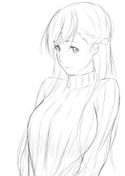 Rule 34 | 1girl, blush, greyscale, highres, long hair, monochrome, niwatazumi, original, ribbed sweater, simple background, sketch, solo, sweater, white background