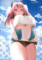 Rule 34 | 1girl, absurdres, azur lane, bare shoulders, black panties, blue skirt, blush, breasts, bremerton (azur lane), bremerton (scorching-hot training) (azur lane), chain-link fence, closed mouth, clothes lift, cloud, commentary request, cowboy shot, day, fence, from below, grey hair, hair between eyes, hair intakes, hair ornament, hairclip, highres, huge filesize, large breasts, lifted by self, light rays, long hair, looking at viewer, midriff, multicolored hair, nephthys2356, nose blush, panties, pink eyes, pink hair, shirt, sidelocks, skirt, skirt lift, sky, sleeveless, sleeveless shirt, solo, sportswear, standing, streaked hair, sunbeam, sunlight, tennis uniform, twintails, two-tone hair, two-tone skirt, underboob, underwear, wavy mouth, white shirt, white skirt, x hair ornament
