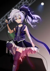 Rule 34 | 1girl, bandages, bare shoulders, black hair, black nails, black skirt, cable, choker, collarbone, corset, feathers, fishnets, flower (vocaloid), flower (vocaloid3), hair between eyes, hako momiji, highres, holding, holding microphone, leg up, microphone, multicolored hair, nail polish, silver hair, skirt, solo, standing, standing on one leg, thighhighs, two-tone hair, vest, vocaloid, wrist cuffs, zettai ryouiki