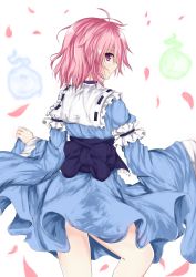 Rule 34 | 1girl, blush, clothes lift, commentary request, from behind, highres, japanese clothes, kimono, long sleeves, looking at viewer, looking back, mikage000, mikagemaru (mikage000), no headwear, no headwear, obi, pink eyes, pink hair, saigyouji yuyuko, sash, short hair, simple background, skirt, skirt lift, smile, solo, standing, touhou, white background, wide sleeves