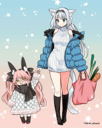 Rule 34 | 2girls, absurdres, aged down, animal ear fluff, animal ears, bag, baguette, black bow, black footwear, black scarf, blue eyes, blue jacket, boots, bow, bread, breasts, cat ears, cat girl, cat tail, closed mouth, clothing cutout, coat, commentary, dobrynya nikitich (fate), dress, fake animal ears, fate/grand order, fate (series), food, full body, fur trim, glasses, gradient background, grey hair, hair bow, highres, holding, holding hands, izumi minami, jacket, koyanskaya (fate), long hair, long sleeves, looking at another, looking at viewer, medium breasts, multiple girls, open clothes, open jacket, open mouth, pink background, pink bag, pink hair, rabbit ears, ribbed sweater, scarf, shopping bag, short dress, shoulder cutout, smile, spring onion, standing, star (symbol), starry background, sweater, sweater dress, tail, tamamo (fate), turtleneck, turtleneck sweater, twitter username, very long hair, white coat, white legwear, white sweater, winter clothes, winter coat, yellow eyes