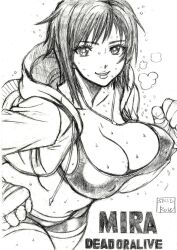 bandages breasts cleavage dead_or_alive hood hoodie large_breasts looking_at_viewer mila_(doa) monochrome navel open_clothes open_hoodie short_hair shorts skidrow smile sports_bra sweat sweatdrop