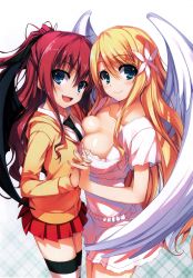 Rule 34 | 2girls, angel and devil, angel wings, blonde hair, blue eyes, blush, breast press, breasts, cleavage, demon wings, dress, elise (koakuma teeri to kyuuseishu!?), feathered wings, flower, hair flower, hair ornament, highres, koakuma teeri to kyuuseishu!?, large breasts, multiple girls, necktie, official art, open mouth, pleated skirt, simple background, single wing, skirt, smile, striped clothes, striped legwear, striped thighhighs, teeri (koakuma teeri to kyuuseishu!?), thighhighs, tomose shunsaku, white dress, wings
