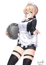 Rule 34 | :q, ahoge, alternate costume, apron, apron hold, artoria pendragon (fate), bike shorts, black-framed eyewear, black dress, black shorts, black thighhighs, blonde hair, breasts, closed mouth, commentary, cowboy shot, dated, dress, enmaided, fate/grand order, fate (series), frilled apron, frills, glasses, gluteal fold, highres, holding, holding tray, juliet sleeves, long sleeves, looking at viewer, maid, maid headdress, medium breasts, mysterious heroine x alter (fate), puffy sleeves, red plate (kyuu45), reflection, short hair, shorts, sidelocks, signature, skindentation, smile, solo, thigh strap, thighhighs, tongue, tongue out, tray, white apron, yellow eyes
