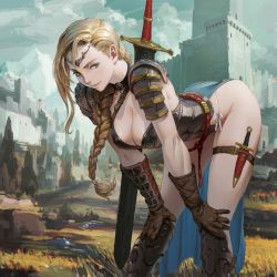 Rule 34 | 1girl, armor, asymmetrical hair, belt, bikini armor, blue eyes, braid, breasts, brown gloves, castle, circlet, cleavage, commentary request, dagger, eyebrows, fantasy, gloves, greaves, hair over shoulder, hands on own knees, highres, knife, large breasts, leaning forward, lips, long hair, looking at viewer, loped, nose, original, panties, pauldrons, pelvic curtain, sheath, sheathed, shoulder armor, side-tie panties, single braid, solo, sword, thigh strap, underwear, vambraces, weapon, weapon on back, white panties
