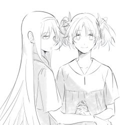Rule 34 | 2girls, akemi homura, blouse, closed mouth, collarbone, dot nose, expressionless, eyes visible through hair, flat chest, greyscale, hair ribbon, hairband, half-closed eyes, hands up, happy, interlocked fingers, jitome, kaname madoka, long hair, looking at viewer, looking back, mahou shoujo madoka magica, mahou shoujo madoka magica (anime), monochrome, multiple girls, mumei (2183942), own hands clasped, own hands together, profile, ribbon, shirt, short twintails, side-by-side, simple background, smile, straight hair, tareme, twintails, upper body, very long hair, white background, wide sleeves
