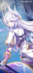Rule 34 | 1girl, closed mouth, formal, hair between eyes, hare (honkai impact), highres, holding, holding polearm, holding weapon, honkai (series), honkai impact 3rd, looking at viewer, multicolored hair, official art, official wallpaper, polearm, smile, solo, streaked hair, suit, weapon, white hair, white headwear, white sleeves, white suit