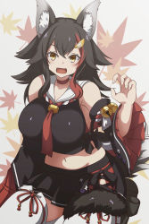 Rule 34 | 1girl, absurdres, animal ear fluff, animal ears, autumn leaves, bad id, bad pixiv id, bell, black hair, breasts, choker, commentary request, cowboy shot, den noko, detached sleeves, fang, flipped hair, hair ornament, highres, hololive, jingle bell, kouhaku nawa, large breasts, leaf, leaf background, long hair, looking at viewer, midriff, multicolored hair, navel, neckerchief, ookami mio, ookami mio (1st costume), open mouth, pleated skirt, red choker, red hair, red neckerchief, rope, sailor collar, sailor shirt, shimenawa, shirt, sitting, skin fang, skirt, solo, streaked hair, tail, tail wrap, thighhighs, virtual youtuber, white thighhighs, wide sleeves, wolf ears, yellow eyes