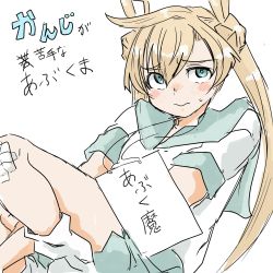 Rule 34 | 1girl, abukuma (kancolle), arms between legs, asymmetrical bangs, bandaid, bandaid on knee, bandaid on leg, blonde hair, blue eyes, blush, collarbone, commentary request, double bun, freckles, green sailor collar, green skirt, hair between eyes, hair bun, hair rings, highres, kantai collection, long hair, looking at viewer, poyo (hellmayuge), sailor collar, school uniform, serafuku, short sleeves, simple background, skirt, solo, translation request, wavy mouth, white background, white legwear