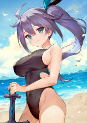 Rule 34 | 1girl, ahoge, ainy, beach, bird, black one-piece swimsuit, blue eyes, blue ribbon, blue sky, breasts, closed mouth, cloud, commentary request, competition swimsuit, copyright request, covered navel, day, hair between eyes, hair ribbon, highres, holding, holding sword, holding weapon, large breasts, long hair, looking at viewer, ocean, one-piece swimsuit, outdoors, purple hair, ribbon, sky, smile, solo, swimsuit, sword, thighhighs, thighs, weapon