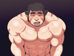 Rule 34 | 1boy, abs, animal ears, back hair, bara, black hair, blush, cat ears, cowboy shot, facial hair, goatee stubble, huge eyebrows, large pectorals, leaning forward, long sideburns, looking at viewer, male focus, mature male, muscular, muscular male, navel, nipples, nude, open mouth, original, paid reward available, pectorals, shaved body, short hair, sideburns, solo, stubble, sweat, veins, veiny arms, very sweaty, zettoken