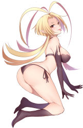 Rule 34 | 1girl, :p, antenna hair, arched back, areola slip, ass, bikini, black bikini, blonde hair, boots, breasts, elbow gloves, female focus, full body, gloves, halterneck, highres, kippuru, large breasts, long hair, looking at viewer, mahou tsukai no yome, pointy ears, red eyes, redcurrant (mahou tsukai no yome), revealing clothes, side-tie bikini bottom, simple background, smile, solo, swimsuit, tongue, tongue out, very long hair, white background