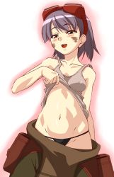Rule 34 | 10s, 1girl, bad id, bad pixiv id, black panties, blush, breasts, brown eyes, clothes lift, clothes pull, covered erect nipples, god eater, god eater burst, goggles, goggles on head, grey hair, kusunoki rikka, medium breasts, navel, open mouth, oyashirazu, panties, shirt lift, short hair, shorts, shorts pull, smile, solo, string panties, tank top, underwear