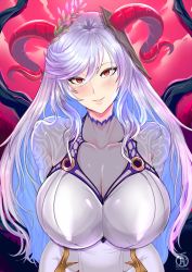 Rule 34 | 1girl, bodysuit, breasts, cleavage, fire emblem, fire emblem heroes, freyja (fire emblem), goat horns, highres, horns, huge breasts, long hair, looking at viewer, nintendo, red eyes, revolverwing, smile, solo, upper body, white hair