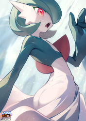 Rule 34 | 1girl, artist name, ass, blue background, blurry, blurry background, bob cut, colored skin, copyright name, cowboy shot, creatures (company), english text, female focus, flat chest, from side, game freak, gardevoir, gen 3 pokemon, green hair, green skin, hair over one eye, hand up, highres, logo, looking to the side, multicolored skin, nintendo, one eye covered, open mouth, pokemon, pokemon (creature), pokemon unite, red eyes, short hair, signature, solo, standing, suahh, sweat, teeth, twitter username, two-tone skin, white skin, wide-eyed
