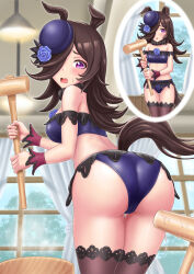 Rule 34 | 1girl, alternate costume, animal ears, aonuma kiyoharu, ass, bikini, black hair, blush, breasts, commentary request, curtains, hair over one eye, hammer, hat, highres, horse ears, horse girl, horse tail, looking at viewer, looking back, mochitsuki, purple eyes, rice shower (umamusume), small breasts, sweat, swimsuit, tail, thighhighs, umamusume, window