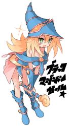 Rule 34 | 1girl, bare shoulders, bent over, blonde hair, blue footwear, blue hat, blush, blush stickers, breasts, cleavage, collarbone, dark magician girl, green eyes, hair between eyes, hat, highres, holding, holding wand, kasa (hitori sanka), leaning, leaning forward, long hair, looking at viewer, off shoulder, open mouth, pentagram, simple background, solo, sparkle, wand, white background, yu-gi-oh!