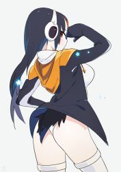 Rule 34 | 10s, 1girl, ass, black hair, blush, breasts, brown eyes, emperor penguin (kemono friends), from behind, headphones, hood, hoodie, kemono friends, large breasts, leotard, long hair, looking at viewer, looking back, multicolored hair, open clothes, profile, simple background, so shina, sohin, solo, thighhighs, white background, white leotard, white thighhighs