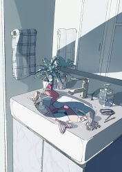 Rule 34 | 3girls, bathroom, bikini, blue hair, braid, commentary request, crop top, dot mouth, faucet, hair ornament, hairpin, hasha, highres, indoors, leaf, light brown hair, long hair, mermaid, mini person, minigirl, monster girl, multiple girls, original, partially submerged, plant, potted plant, scales, single braid, sink, sitting, soap dispenser, solid oval eyes, swimsuit, toothbrush, toothpaste, towel, water