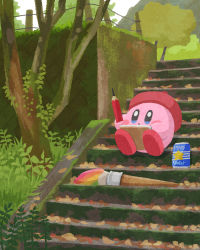 Rule 34 | adeleine, adeleine (cosplay), artist kirby, beret, blue eyes, can, cosplay, full body, hat, highres, kirby, kirby&#039;s dream land, kirby (series), leaf, miclot, nintendo, no humans, outdoors, paintbrush, pencil, plant, red hat, scenery, solo, stairs, tree