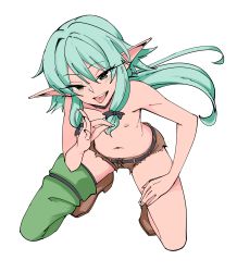 Rule 34 | 1girl, absurdres, black bow, blush, boots, bow, breasts, commentary request, elf, fellatio gesture, flat chest, from above, full body, goblin slayer!, green eyes, green hair, green thighhighs, hair between eyes, hair bow, high elf archer (goblin slayer!), highres, kuso otoko, long hair, looking at viewer, navel, nipples, pointy ears, shorts, simple background, single boot, solo, teeth, thigh boots, thighhighs, tongue, tongue out, topless, torn clothes, transparent background, upper teeth only, white background