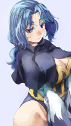 Rule 34 | 1girl, adapted costume, blue eyes, blue hair, breasts, capelet, cleavage, cowboy shot, curvy, eyebrows, female focus, grey background, hair intakes, kumoi ichirin, large breasts, long hair, long sleeves, looking at viewer, matching hair/eyes, one-piece swimsuit, ponytail, simple background, smile, solo, standing, swimsuit, thick thighs, thighs, touhou, wide hips, yohane