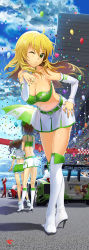Rule 34 | 3girls, ahoge, amami haruka, andou shuki, balloon, bandeau, bare shoulders, blonde hair, blowing kiss, blush, boots, breasts, brown hair, car, character name, choker, cleavage, cloud, crop top, crossed legs, day, detached sleeves, earrings, from behind, green eyes, green nails, hair ribbon, hand on own hip, high heel boots, high heels, highres, hip focus, hoop earrings, hoshii miki, idolmaster, idolmaster (classic), jewelry, knee boots, large breasts, long hair, midriff, miniskirt, motor vehicle, multiple girls, nail polish, navel, nissan, one eye closed, outdoors, race car, race queen, race vehicle, racecar, ribbon, shiny skin, shoes, short shorts, shorts, skirt, sky, standing, stiletto heels, strapless, takatsuki yayoi, thighhighs, tube top, twintails, umbrella, vehicle, watson cross, wink