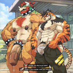 Rule 34 | 2boys, absurdres, alternate facial hair, animal ears, arm hair, ashael toramono (ashendawger), ashendawger, ass lift, bandaid, bandaid on face, bandaid on nose, bara, beard, black hair, blush, bowser, bracelet, bulge, bulge lift, chest hair, chest tuft, completely nude, couple, covered penis, dressing, english text, facial hair, feet out of frame, forked eyebrows, frown, furry, furry male, furry with furry, hairy, highres, huge eyebrows, huge pectorals, huge penis, i&#039;ve never seen a guy recreate this successfully tbh (meme), jewelry, large bulge, looking at bulge, loose hair strand, male focus, male pubic hair, male underwear, mario (series), mature male, meme, mohawk, multiple boys, muscular, muscular male, mustache stubble, navel hair, nintendo, nipple piercing, nipple rings, nipples, nude, open pants, orange fur, original, pants, pants lift, penis, piercing, precum, pubic hair, red hair, side-by-side, sparse leg hair, spiked bracelet, spiked cock ring, spikes, strongman waist, stubble, subtitled, sweat, thick arm hair, thick beard, thick chest hair, thick navel hair, tiger boy, tiger ears, topless male, twitching penis, two-tone beard, underwear, very hairy, very sweaty, wet, wet clothes, wet male underwear, white fur, white male underwear, yaoi