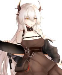 Rule 34 | 1girl, arknights, bare shoulders, black dress, black jacket, breasts, cleavage, closed mouth, cosplay, crossover, dress, highres, holding, holding polearm, holding weapon, honkai (series), honkai impact 3rd, horns, jacket, kiana kaslana, kiana kaslana (herrscher of the void), long hair, long sleeves, looking at viewer, medium breasts, nitrouzs, open clothes, open jacket, polearm, simple background, solo, surtr (arknights), surtr (arknights) (cosplay), weapon, white background, white hair, yellow eyes