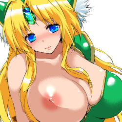 Rule 34 | 1girl, bad id, bad pixiv id, bare shoulders, blonde hair, blue eyes, breast slip, breasts, cleavage, huge breasts, koshika rina, long hair, nipples, one breast out, riesz, seiken densetsu, seiken densetsu 3, simple background, solo, square enix, white background