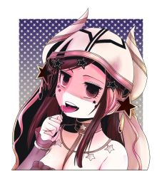 Rule 34 | 10s, 1girl, absurdres, bare shoulders, black hair, brown eyes, choker, facial mark, hair ornament, hat, highres, horns, jewelry, kipper (d4ctheory), licking, long hair, mahou shoujo ikusei keikaku, multicolored hair, pity frederica, portrait, ring, shaded face, solo, star (symbol), star hair ornament, starry background, tongue, two-tone hair