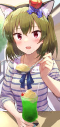 Rule 34 | 1girl, absurdres, animal ears, blue bow, blue ribbon, blush, bob cut, bow, cat ears, cherry, collarbone, commentary request, commission, cup, drinking glass, drinking straw, food, fruit, green hair, hair bow, highres, holding, holding spoon, ice cream, ice cream float, idolmaster, idolmaster million live!, jewelry, looking at viewer, melon soda, nagayoshi subaru, necklace, open mouth, pixiv commission, pov, red eyes, ribbon, shadow, shirt, short sleeves, shuucream (syuichi), solo, spoon, striped clothes, striped shirt