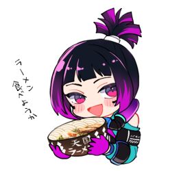 Rule 34 | 1girl, :d, animification, apex legends, aqua jacket, black hair, blunt bangs, blush, blush stickers, bowl, chibi, fluorescent tech valkyrie, food, gloves, holding, holding bowl, jacket, looking to the side, lowres, multicolored hair, no nose, noodles, official alternate costume, open mouth, pink eyes, ponytail, portrait, purple gloves, purple hair, ramen, riku (ururi7610), short hair, simple background, smile, solo, streaked hair, translation request, tsurime, valkyrie (apex legends), white background