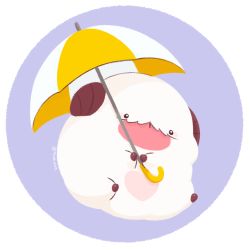 Rule 34 | 7mb yut, :p, animal, animal focus, artist name, chibi, facial hair, heart, holding, holding umbrella, horns, league of legends, mixed-language commentary, mustache, poro (league of legends), simple background, tongue, tongue out, two-tone background, umbrella