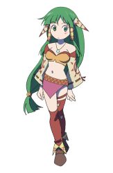 Rule 34 | 1girl, :/, absurdres, asymmetrical legwear, bare shoulders, breasts, brown footwear, closed mouth, detached sleeves, feena (grandia), full body, grandia, grandia i, green eyes, green hair, grey sleeves, hair tubes, highres, jewelry, long hair, long sleeves, low-tied long hair, medium breasts, miniskirt, navel, necklace, no nose, pink skirt, powerhamuhamu, red thighhighs, ribbon-trimmed sleeves, ribbon trim, simple background, skirt, solo, standing, thighhighs, torn clothes, torn thighhighs, uneven legwear, very long hair, white background, wide sleeves
