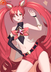 Rule 34 | 1girl, absurdres, alternate costume, alternate hair color, alternate hairstyle, bare shoulders, bow, fingerless gloves, gloves, hair ornament, highres, jewelry, jinx (league of legends), league of legends, long hair, magical girl, patreon, red bow, red hair, red neckwear, ribbon, shorts, solo, star guardian (league of legends), star guardian jinx, twintails, very long hair