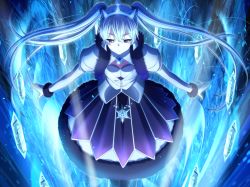 Rule 34 | 1girl, cleavage cutout, closed mouth, clothing cutout, demonion ii: maou to sannin no joou, diadem, floating hair, fur-trimmed skirt, fur-trimmed sleeves, fur trim, game cg, glace (demonion ii: maou to sannin no joou), hair between eyes, ice, jacket, layered skirt, long hair, long skirt, long sleeves, m&amp;m, magic, official art, open clothes, open jacket, pleated skirt, purple skirt, red eyes, silver hair, skirt, solo, standing, twintails, very long hair, white jacket, white skirt