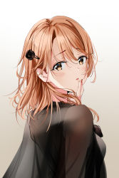 Rule 34 | 1girl, absurdres, black dress, black flower, brown hair, dress, floating hair, flower, from side, hair between eyes, hair flower, hair ornament, highres, isshiki iroha, long hair, looking at viewer, nail polish, nonbire, open mouth, red nails, see-through, simple background, solo, white background, yahari ore no seishun lovecome wa machigatteiru., yellow eyes