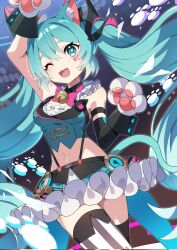 Rule 34 | 1girl, :d, adapted costume, animal ears, animal hands, arm up, bare shoulders, bell, black sleeves, black thighhighs, blue eyes, blue hair, blue shirt, bow, bowtie, cat ears, cat girl, cat tail, cowboy shot, cropped shirt, detached sleeves, dot nose, fang, floating hair, gloves, hair ornament, hands up, hatsune miku, highres, kemonomimi mode, kusunokimizuha, legs together, long hair, long sleeves, looking at viewer, magical mirai (vocaloid), magical mirai miku, magical mirai miku (2019), midriff, miniskirt, navel, neck bell, one eye closed, open mouth, paw gloves, paw pose, pink bow, pink bowtie, pleated skirt, shirt, sidelocks, skirt, smile, solo, stomach, striped clothes, striped thighhighs, suspender skirt, suspenders, tail, thighhighs, twintails, very long hair, vocaloid, white skirt, white thighhighs, zettai ryouiki