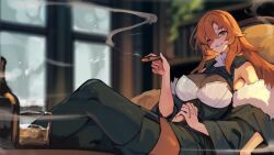 Rule 34 | 1girl, alcohol, black thighhighs, blurry, blurry background, bottle, breasts, burn scar, chaise longue, cigar, commission, crossed legs, cup, drinking glass, extra arms, fur trim, grin, holding, holding cigar, lansane, large breasts, long hair, looking at viewer, one eye closed, orange eyes, orange hair, original, own hands clasped, own hands together, quadriri (lansane), reclining, scar, scar on face, sharp teeth, shot glass, skeb commission, sleeveless, smile, smoking, solo, teeth, thighhighs, whiskey, window