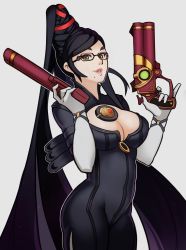 Rule 34 | 1girl, arm strap, bayonetta, bayonetta (series), beehive hairdo, black-framed eyewear, black hair, bodysuit, breasts, cleavage, cleavage cutout, clothing cutout, cowboy shot, dual wielding, elbow gloves, eyeshadow, finger on trigger, from side, glasses, gloves, grey background, grey eyes, gun, hair over shoulder, hair ribbon, half updo, handgun, high ponytail, highres, holding, holding gun, holding weapon, large breasts, light smile, lips, long hair, looking at viewer, looking back, makeup, mole, mole under mouth, outline, pinky out, ponytail, red ribbon, ribbon, sidelocks, simple background, smile, solo, splashbrush, split ponytail, standing, swept bangs, thighs, upper body, very long hair, weapon, white gloves, wristband