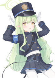 Rule 34 | 1girl, absurdres, armband, arms up, black hat, black tail, blue archive, blue armband, blue shirt, blue skirt, buttons, ciza gomi, commentary request, demon tail, double-breasted, gloves, green hair, green halo, halo, hat, hikari (blue archive), highres, long hair, long sleeves, open mouth, pantyhose, peaked cap, pleated skirt, pointy ears, shirt, sidelocks, simple background, skirt, solo, tail, train conductor, very long hair, white background, white gloves, white pantyhose, yellow eyes