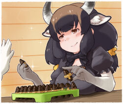Rule 34 | 1girl, absurdres, animal ears, animal print, banteng (kemono friends), black bow, black bowtie, black hair, black shirt, blush, board game, bow, bowtie, brown eyes, brown hair, cow ears, cow girl, cow horns, cow print, cow tail, elbow gloves, extra ears, gloves, gradient gloves, hair bow, highres, horns, kemono friends, long hair, multicolored hair, puffy short sleeves, puffy sleeves, shirt, short sleeves, sidelocks, smile, smug, solo, tail, toriny, twintails, two-tone hair, white gloves, yellow bow