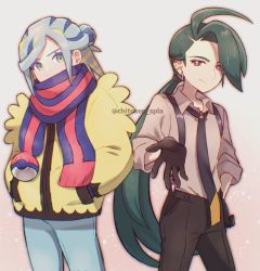 Rule 34 | 1boy, 1girl, ahoge, black necktie, bright pupils, chitozen (pri zen), closed mouth, collared shirt, commentary request, creatures (company), earrings, game freak, gloves, green hair, grey shirt, grusha (pokemon), hair bun, hand on own hip, hands in pockets, highres, jacket, jewelry, long hair, looking at viewer, necktie, nintendo, pants, pokemon, pokemon sv, ponytail, red eyes, rika (pokemon), scarf, shirt, smile, striped clothes, striped scarf, stud earrings, suspenders, white pupils, yellow jacket